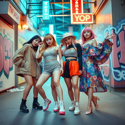 A dynamic and colorful group photo of a K-pop girl group consisting of four stylish young women