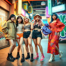 A dynamic and colorful group photo of a K-pop girl group consisting of four stylish young women