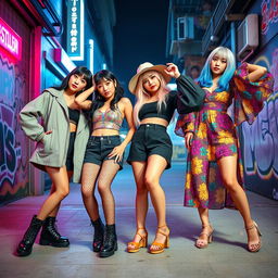 A dynamic and colorful group photo of a K-pop girl group consisting of four stylish young women