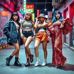 A dynamic and colorful group photo of a K-pop girl group consisting of four stylish young women