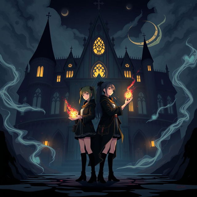 Two girls standing in front of a gothic-inspired magical academy, one girl holding a glowing magical artifact