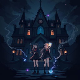 Two girls standing in front of a gothic-inspired magical academy, one girl holding a glowing magical artifact