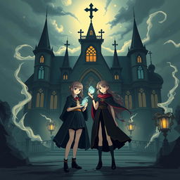 Two girls standing in front of a gothic-inspired magical academy, one girl holding a glowing magical artifact