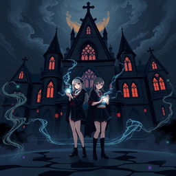 Two girls standing in front of a gothic-inspired magical academy, one girl holding a glowing magical artifact