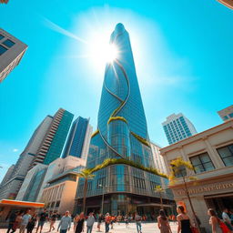 A stunning, modern skyscraper reaching high into a clear blue sky, with glass facades reflecting the sunlight