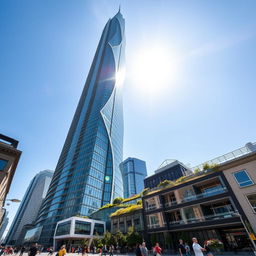 A stunning, modern skyscraper reaching high into a clear blue sky, with glass facades reflecting the sunlight
