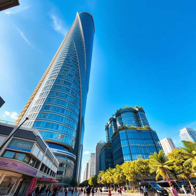 A stunning, modern skyscraper reaching high into a clear blue sky, with glass facades reflecting the sunlight