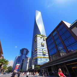A stunning, modern skyscraper reaching high into a clear blue sky, with glass facades reflecting the sunlight