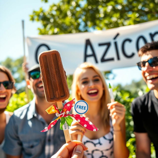 A joyful scene depicting a group of adults enjoying chocolate ice cream popsicles in a bright, sunny outdoor setting