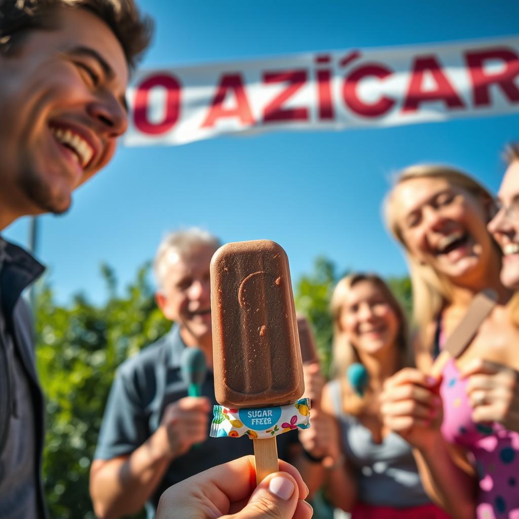 A joyful scene depicting a group of adults enjoying chocolate ice cream popsicles in a bright, sunny outdoor setting