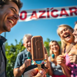 A joyful scene depicting a group of adults enjoying chocolate ice cream popsicles in a bright, sunny outdoor setting