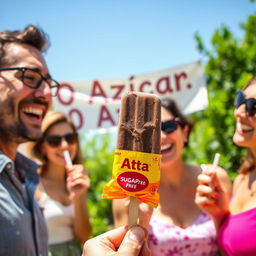 A joyful scene depicting a group of adults enjoying chocolate ice cream popsicles in a bright, sunny outdoor setting