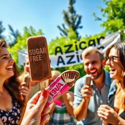 A joyful scene depicting a group of adults enjoying chocolate ice cream popsicles in a bright, sunny outdoor setting