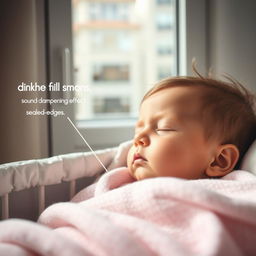 A close-up of a child's peaceful face, deeply asleep in a crib, showcasing serene expression while soft, muted colors surrounding the scene contrast with the brightly lit room