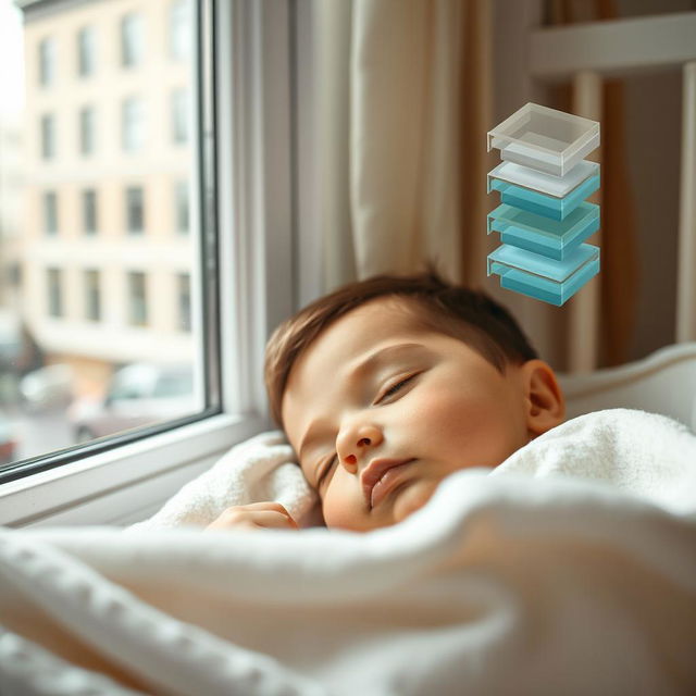 A close-up of a child's peaceful face, deeply asleep in a crib, showcasing serene expression while soft, muted colors surrounding the scene contrast with the brightly lit room