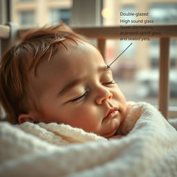 A close-up of a child's peaceful face, deeply asleep in a crib, showcasing serene expression while soft, muted colors surrounding the scene contrast with the brightly lit room