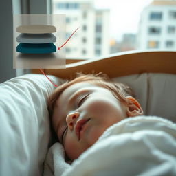A close-up of a child's peaceful face, deeply asleep in a crib, showcasing serene expression while soft, muted colors surrounding the scene contrast with the brightly lit room