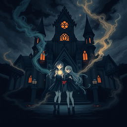 Two girls standing in front of a gothic-inspired magical academy, one holding a glowing magical artifact