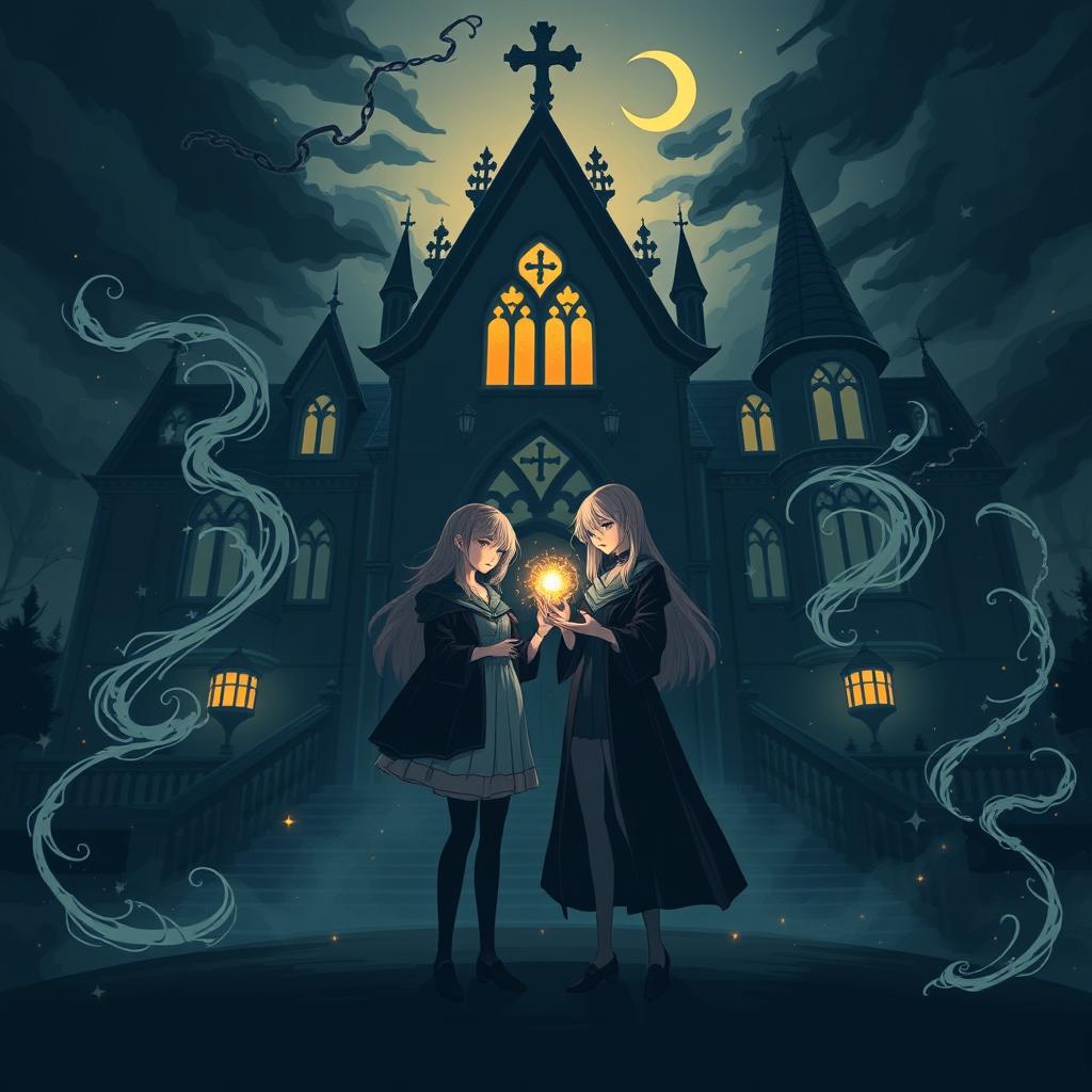 Two girls standing in front of a gothic-inspired magical academy, one holding a glowing magical artifact