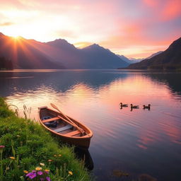 A serene, picturesque lake at sunrise surrounded by majestic mountains