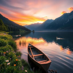 A serene, picturesque lake at sunrise surrounded by majestic mountains