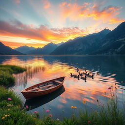 A serene, picturesque lake at sunrise surrounded by majestic mountains