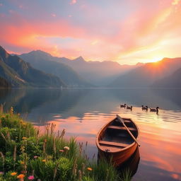 A serene, picturesque lake at sunrise surrounded by majestic mountains