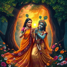 A serene and enchanting depiction of Radha and Krishna, set in a lush, vibrant forest during sunset