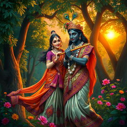 A serene and enchanting depiction of Radha and Krishna, set in a lush, vibrant forest during sunset