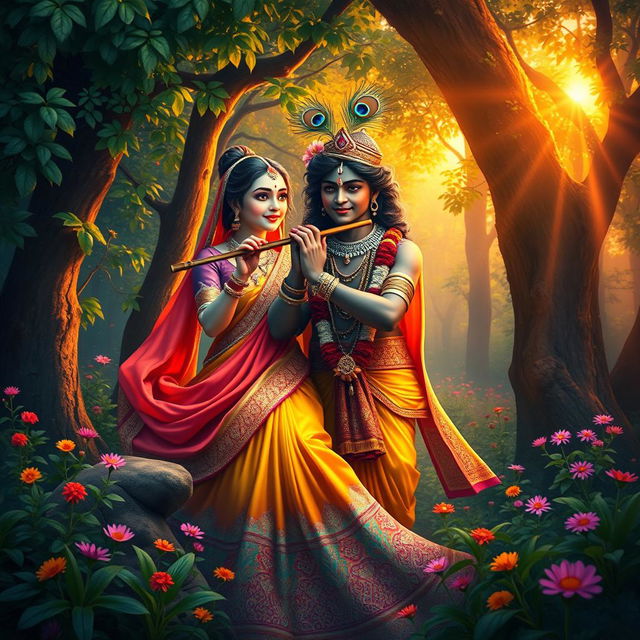 A serene and enchanting depiction of Radha and Krishna, set in a lush, vibrant forest during sunset