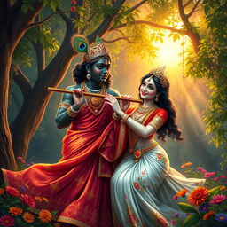 A serene and enchanting depiction of Radha and Krishna, set in a lush, vibrant forest during sunset