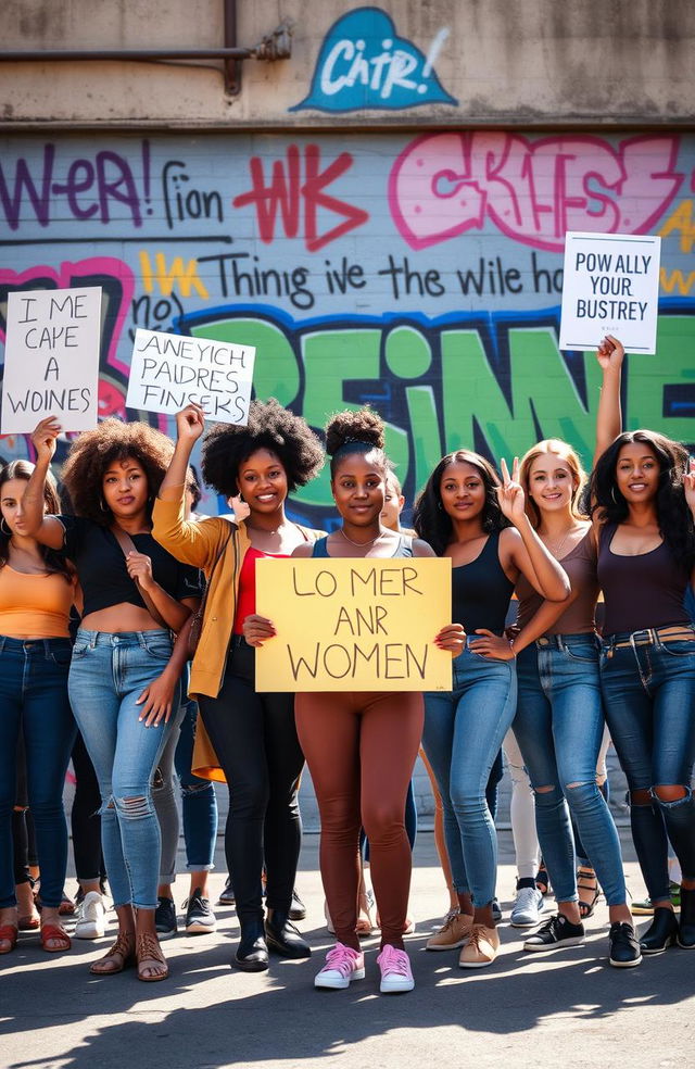 A powerful representation of feminism, featuring a diverse group of women standing together in solidarity