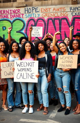 A powerful representation of feminism, featuring a diverse group of women standing together in solidarity