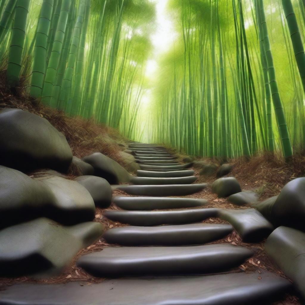 An exceptionally realistic, high-quality photograph focused on a series of separate white stone tile steps, descending down a mountain trail surrounded by a dense, green bamboo forest