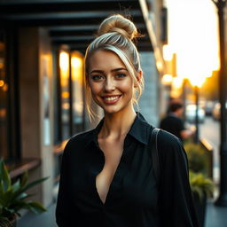 A young woman with striking blonde hair styled in a neat bun, wearing a stylish black outfit that includes a fitted blouse and tailored trousers