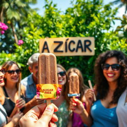 A lively scene featuring a group of adults enjoying chocolate ice cream popsicles in a vibrant outdoor setting
