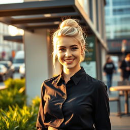 A young woman with striking blonde hair styled in a neat bun, wearing a stylish black outfit that includes a fitted blouse and tailored trousers