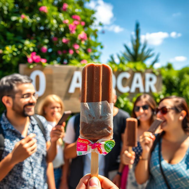 A lively scene featuring a group of adults enjoying chocolate ice cream popsicles in a vibrant outdoor setting