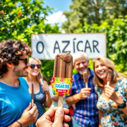 A lively scene featuring a group of adults enjoying chocolate ice cream popsicles in a vibrant outdoor setting