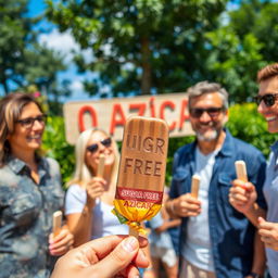 A lively scene featuring a group of adults enjoying chocolate ice cream popsicles in a vibrant outdoor setting