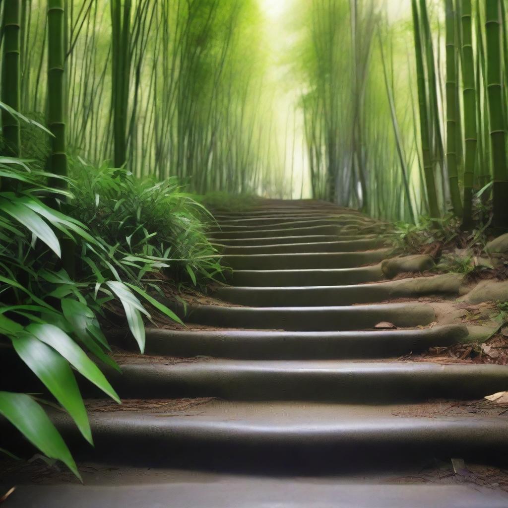 An exceptionally realistic, high-quality photograph focused on a series of separate white stone tile steps, descending down a mountain trail surrounded by a dense, green bamboo forest