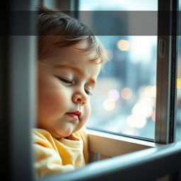 A serene close-up of a child's peaceful face, sound asleep in a crib, surrounded by a softly illuminated room