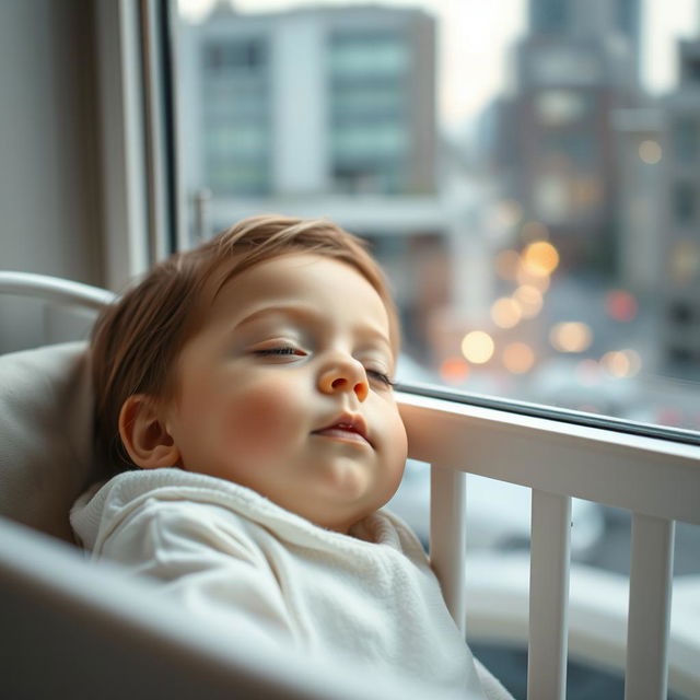 A serene close-up of a child's peaceful face, sound asleep in a crib, surrounded by a softly illuminated room