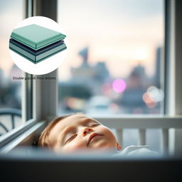 A serene close-up of a child's peaceful face, sound asleep in a crib, surrounded by a softly illuminated room