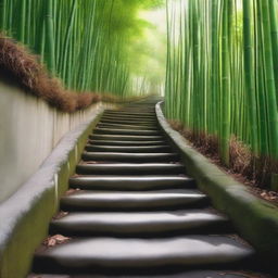 An exceptionally realistic, high-quality photograph focused on a series of separate white stone tile steps, descending down a mountain trail surrounded by a dense, green bamboo forest