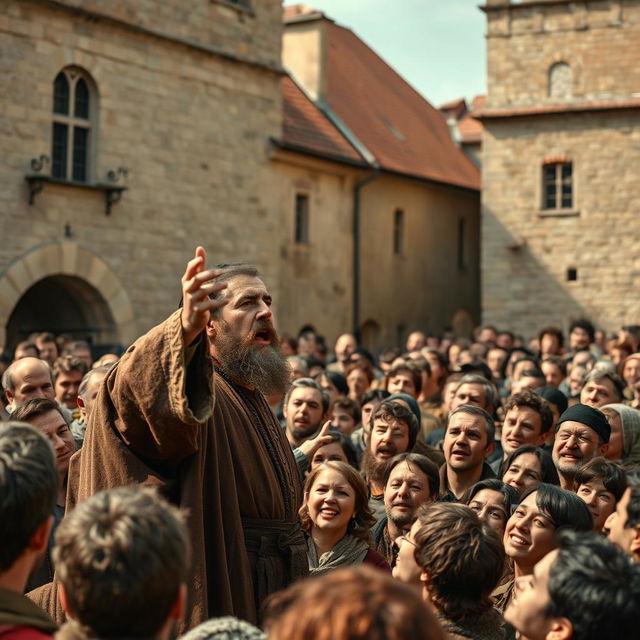 Jan Hus passionately preaching to a large crowd of animated townsfolk in the town square of 15th century Prague