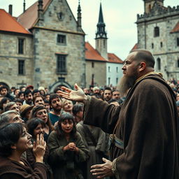 Jan Hus passionately preaching to a large crowd of animated townsfolk in the town square of 15th century Prague