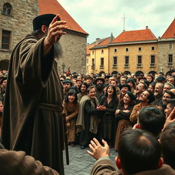 Jan Hus passionately preaching to a large crowd of animated townsfolk in the town square of 15th century Prague