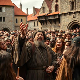 Jan Hus passionately preaching to a large crowd of animated townsfolk in the town square of 15th century Prague