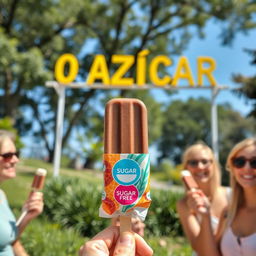 A vibrant scene showcasing a group of adults enjoying chocolate ice cream popsicles in a sunny park